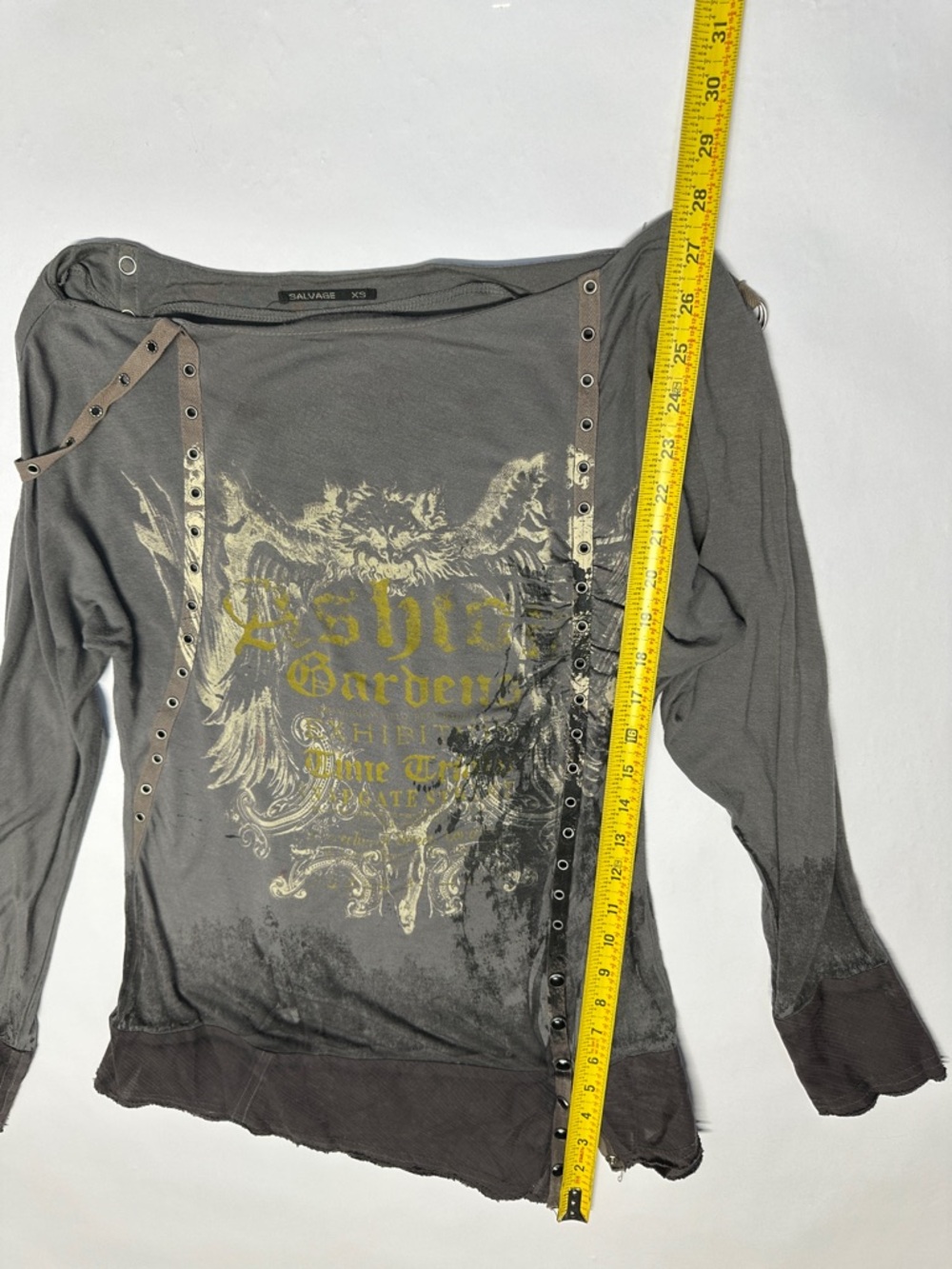Salvage Y2K Grunge Gray Snap Button Rocker Punk Rivet Thrashed Thin Top XS - Picture 14 of 16